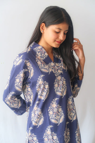 Navy Blossom V-Neck Suit Set