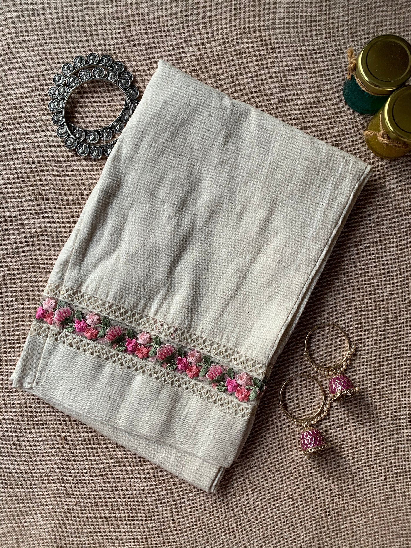 Slub cotton embroidered Straight Pants