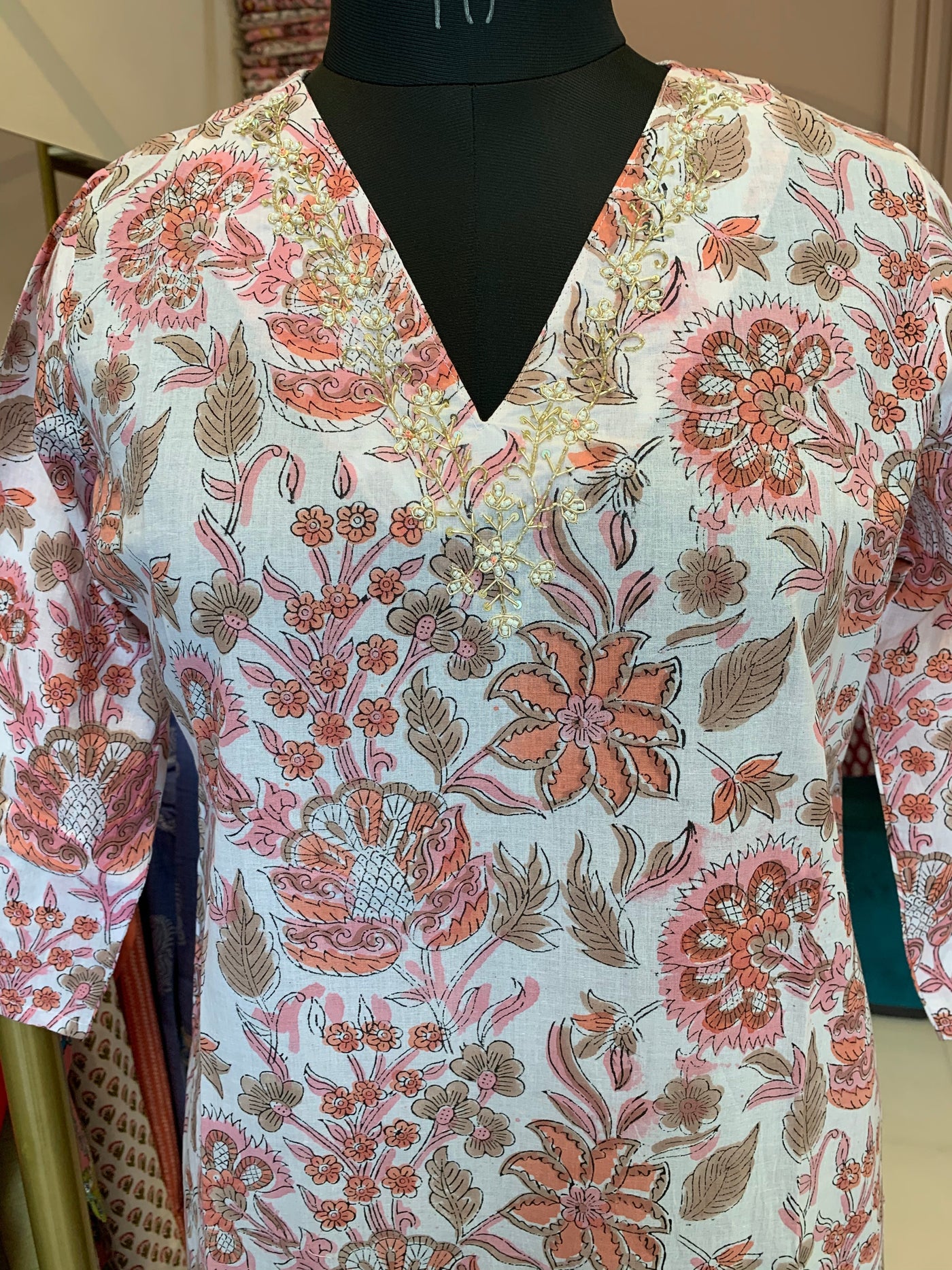 "Peachy Elegance" Hand Work Embellished Cotton kurta