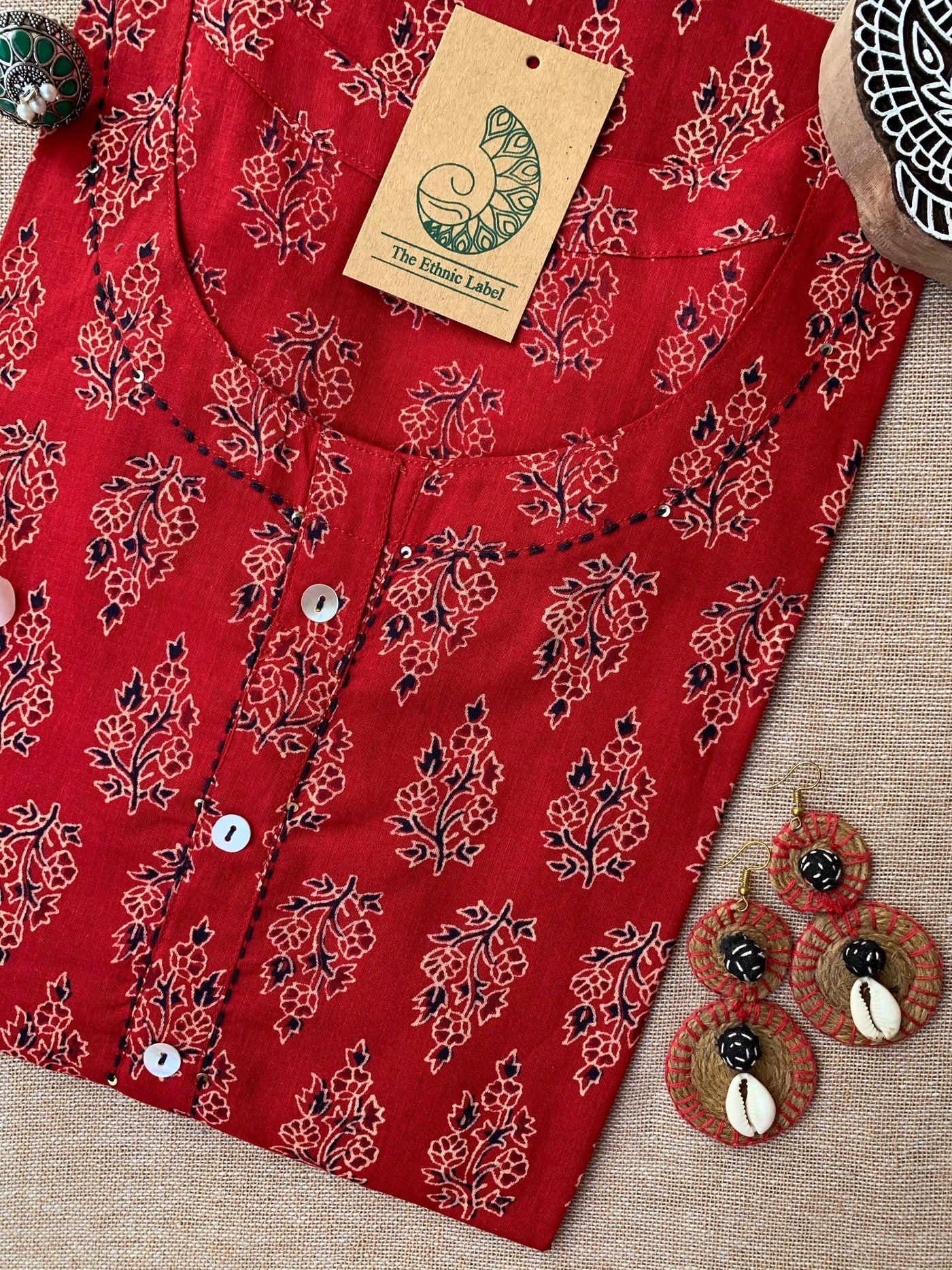 "Roohani" Bagru Kantha Buttoned Cotton kurta