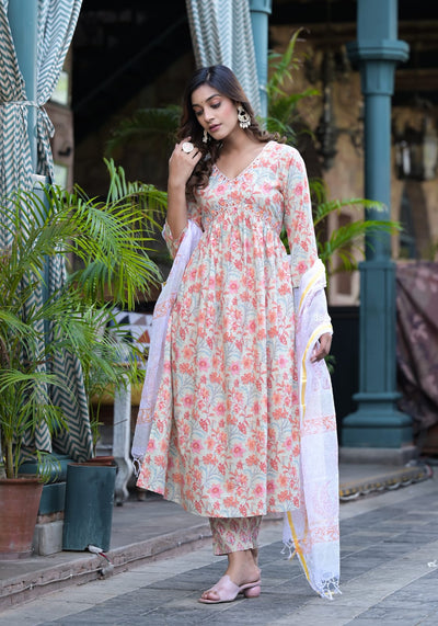 Orange Floral Cotton Suit Set