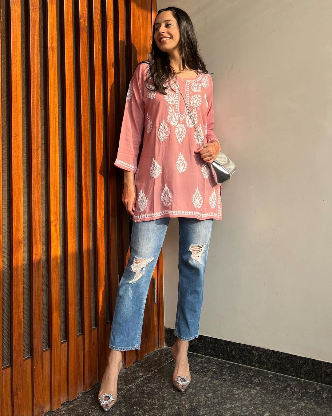 Women Chikan Embroidery Cotton A-line Kurta (Peach) 45