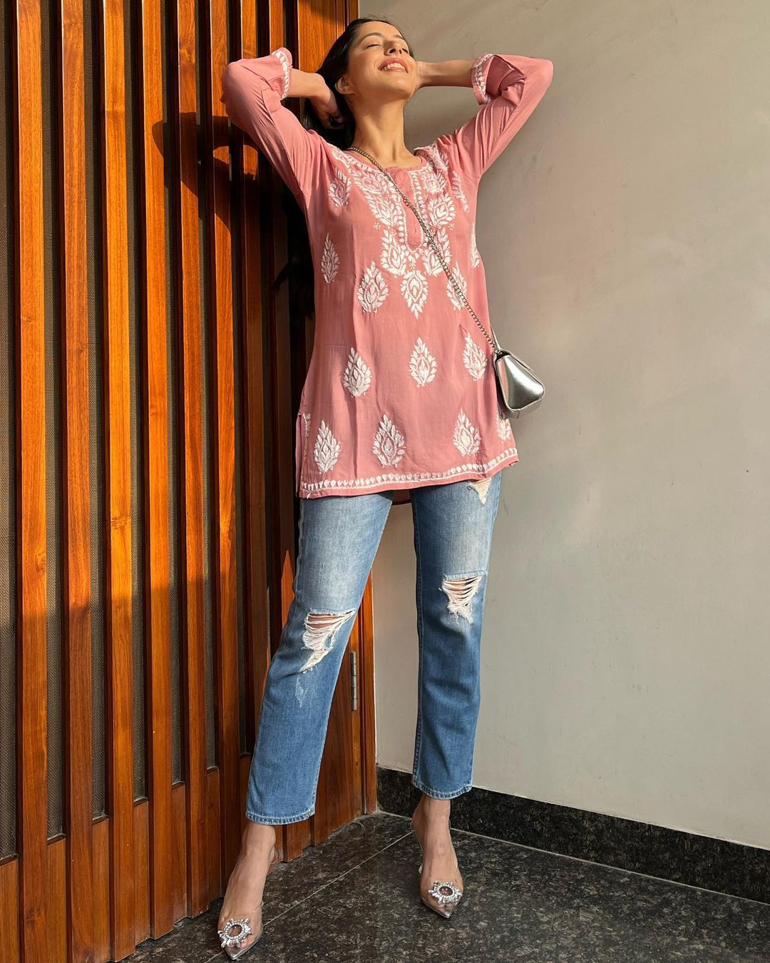 Women Chikan Embroidery Cotton A-line Kurta (Peach) 45