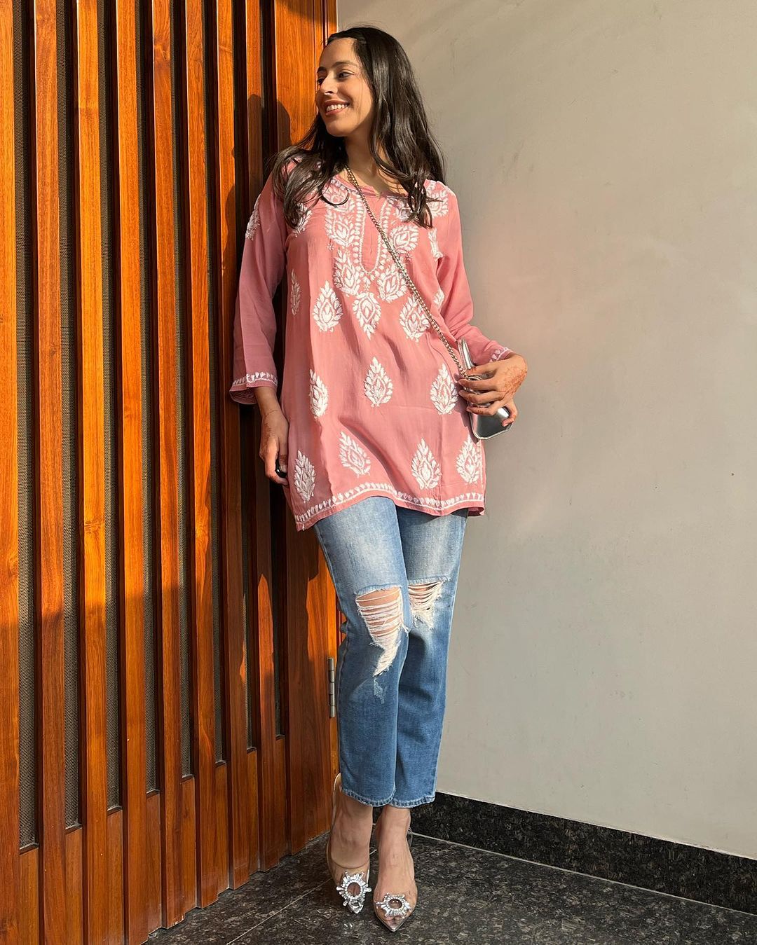 Women Chikan Embroidery Cotton A-line Kurta (Peach) 45